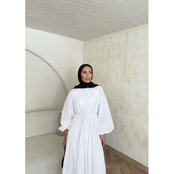 Nervür Bağlamalı Vual Elbise - Beyaz