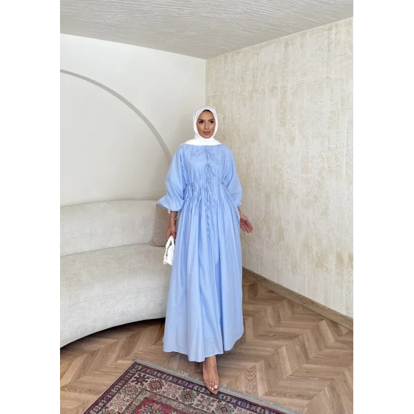 Nervür Bağlamalı Vual Elbise - Mavi