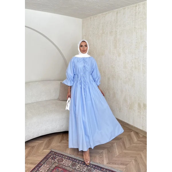 Nervür Bağlamalı Vual Elbise - Mavi