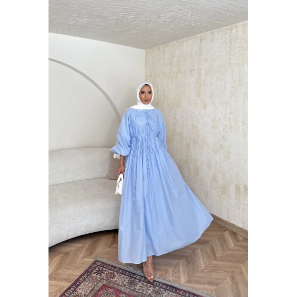 Nervür Bağlamalı Vual Elbise - Mavi