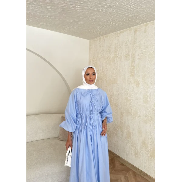 Nervür Bağlamalı Vual Elbise - Mavi