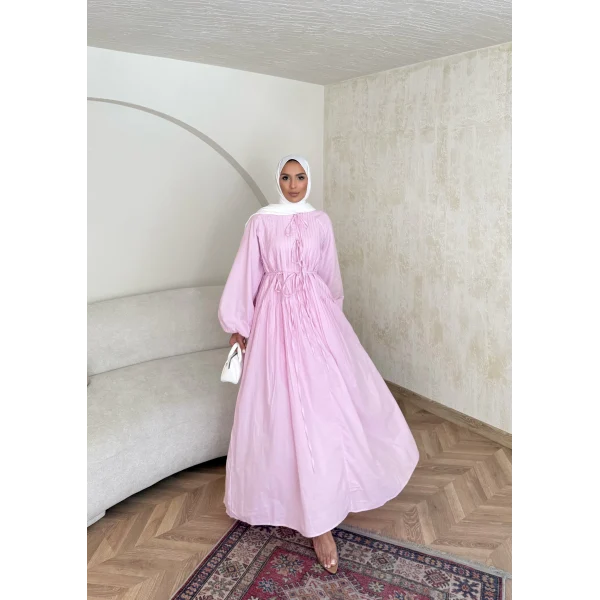 Nervür Bağlamalı Vual Elbise - Pembe