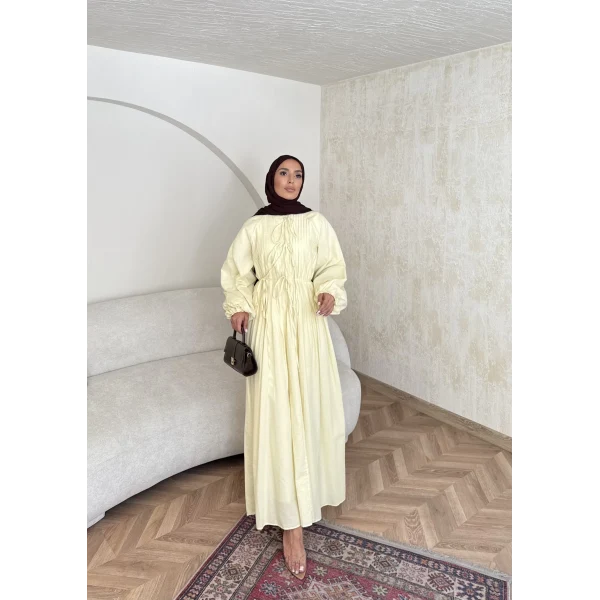 Nervür Bağlamalı Vual Elbise - Sarı -