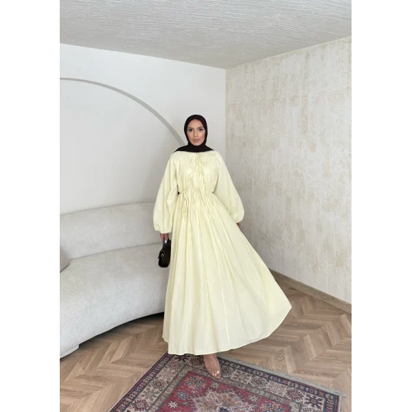 Nervür Bağlamalı Vual Elbise - Sarı -