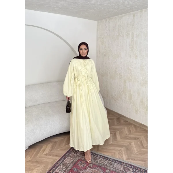 Nervür Bağlamalı Vual Elbise - Sarı -