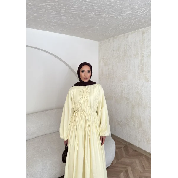 Nervür Bağlamalı Vual Elbise - Sarı -