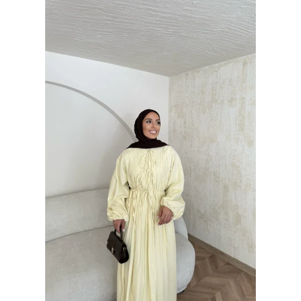 Nervür Bağlamalı Vual Elbise - Sarı -