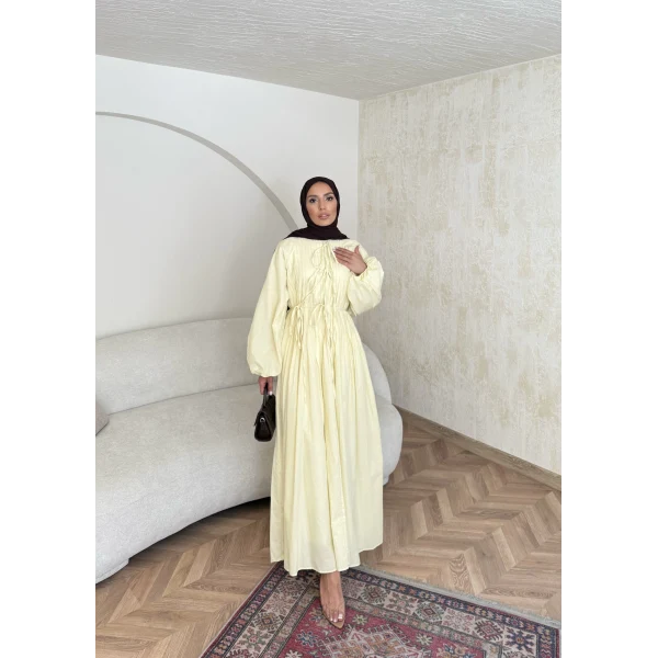 Nervür Bağlamalı Vual Elbise - Sarı -