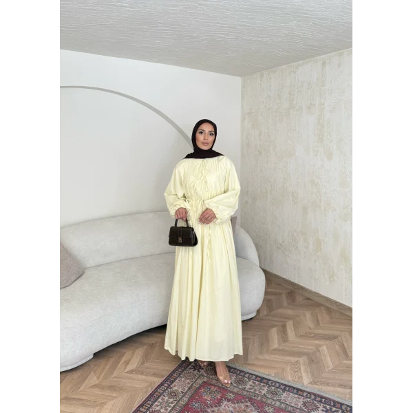 Nervür Bağlamalı Vual Elbise - Sarı -