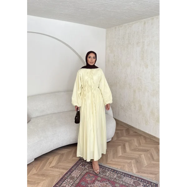 Nervür Bağlamalı Vual Elbise - Sarı -