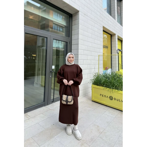 Nes Balon Kol Etekli Triko Takım - Acı Kahve