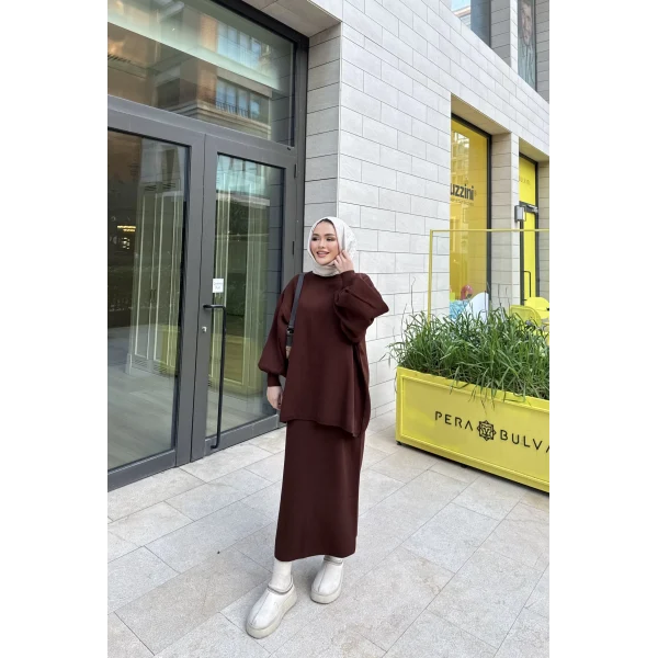 Nes Balon Kol Etekli Triko Takım - Acı Kahve