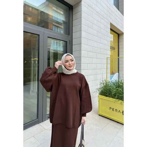 Nes Balon Kol Etekli Triko Takım - Acı Kahve