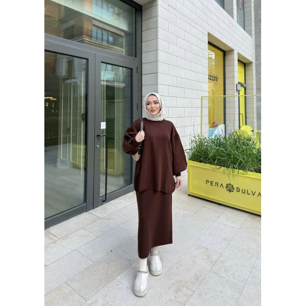 Nes Balon Kol Etekli Triko Takım - Acı Kahve