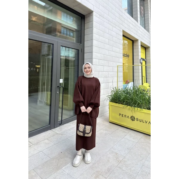 Nes Balon Kol Etekli Triko Takım - Acı Kahve