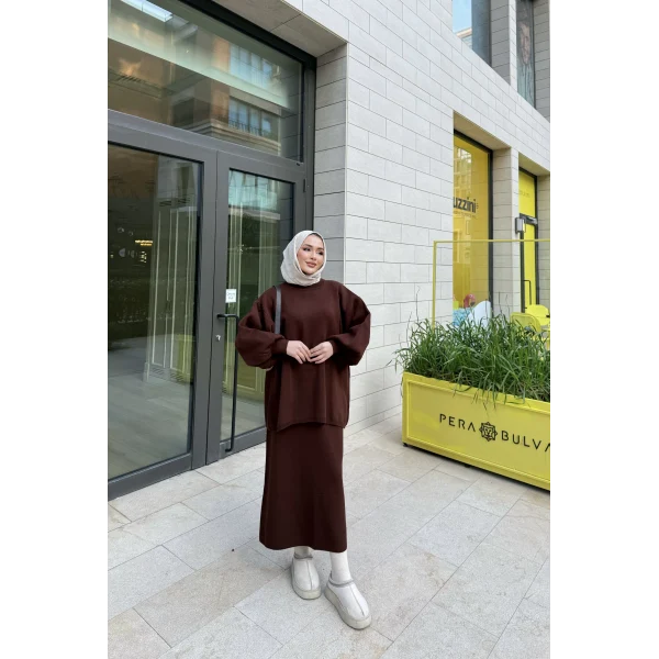 Nes Balon Kol Etekli Triko Takım - Acı Kahve