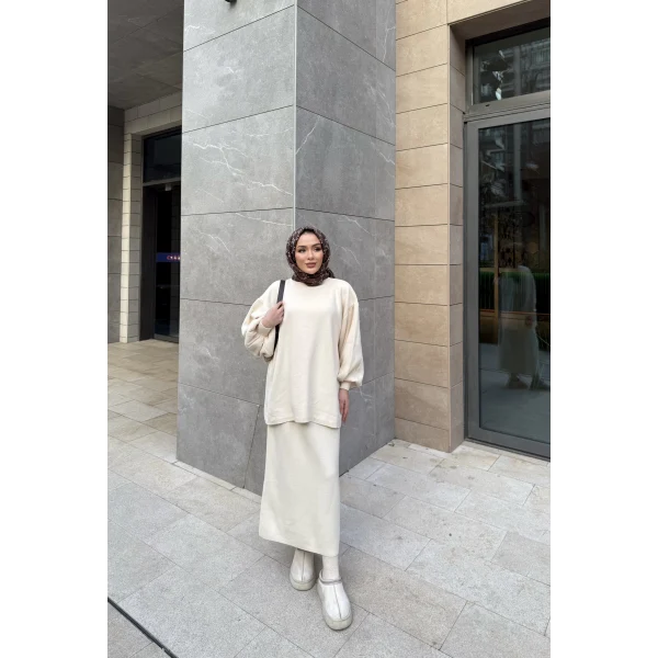 Nes Balon Kol Etekli Triko Takım - Bej