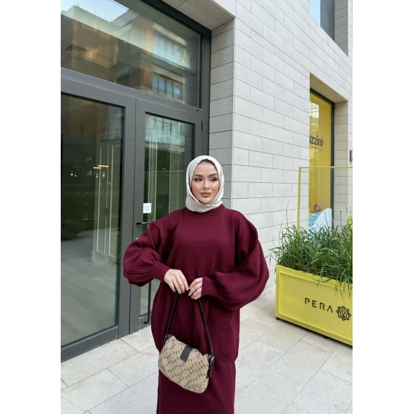 Nes Balon Kol Etekli Triko Takım - Bordo