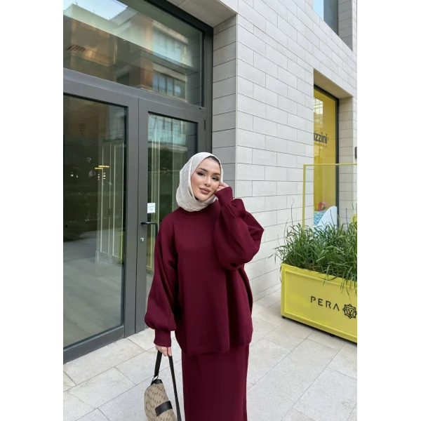 Nes Balon Kol Etekli Triko Takım - Bordo