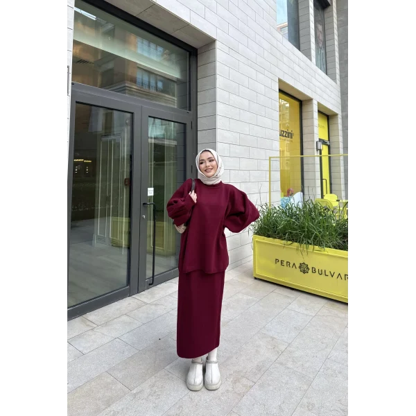 Nes Balon Kol Etekli Triko Takım - Bordo