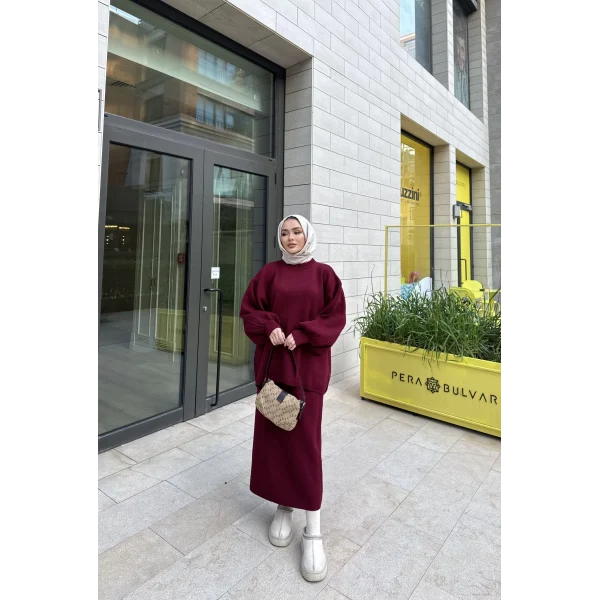 Nes Balon Kol Etekli Triko Takım - Bordo