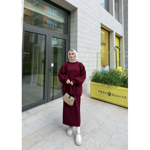 Nes Balon Kol Etekli Triko Takım - Bordo