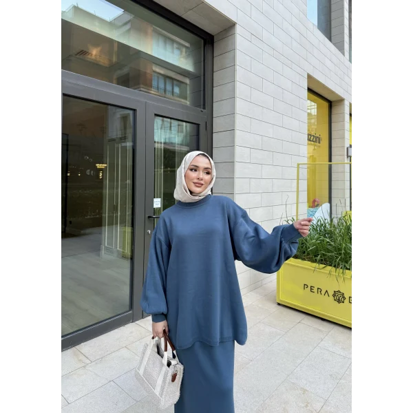 Nes Balon Kol Etekli Triko Takım - Indıgo