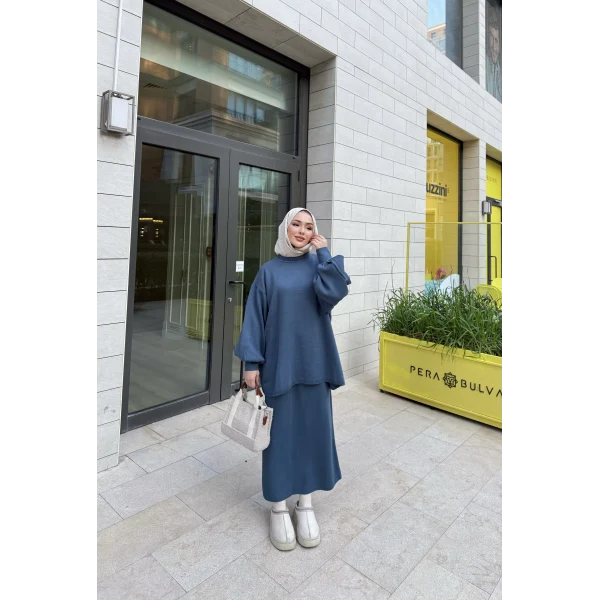 Nes Balon Kol Etekli Triko Takım - Indıgo