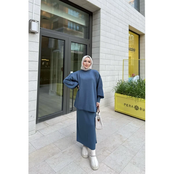 Nes Balon Kol Etekli Triko Takım - Indıgo