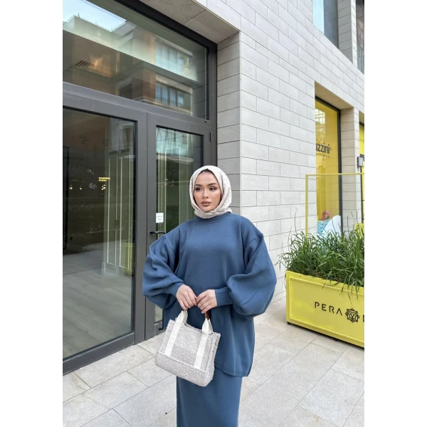 Nes Balon Kol Etekli Triko Takım - Indıgo