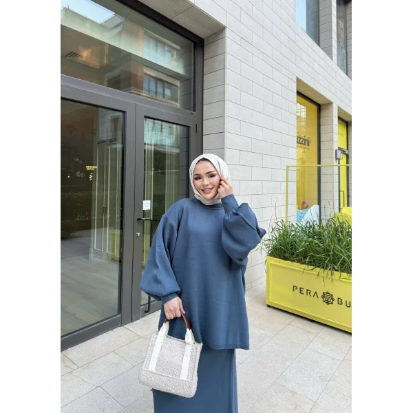 Nes Balon Kol Etekli Triko Takım - Indıgo