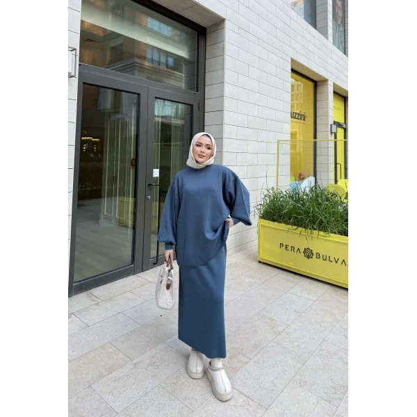 Nes Balon Kol Etekli Triko Takım - Indıgo