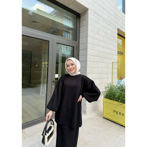 Nes Balon Kol Etekli Triko Takım - Siyah