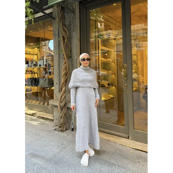 Nes Yaka Triko Elbise - Gri