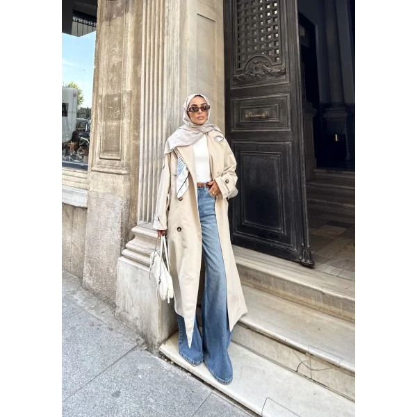 Nesren Arka Kısmı Düğmeli Trenç - Bej