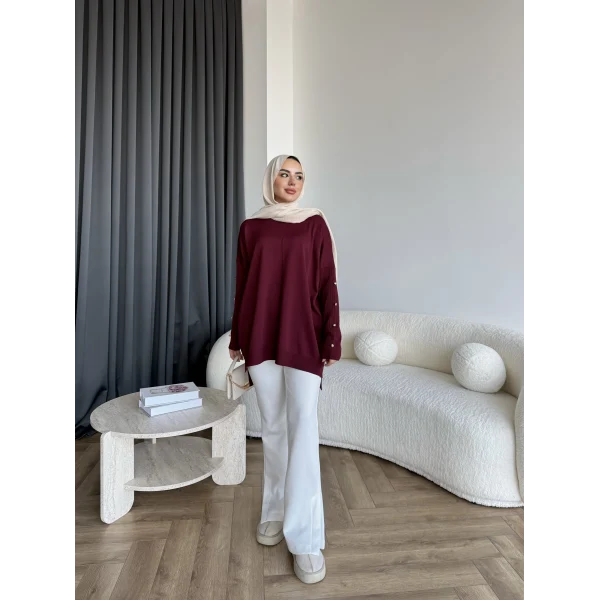 Nesy Kol Gold Düğmeli Triko Kazak - Bordo