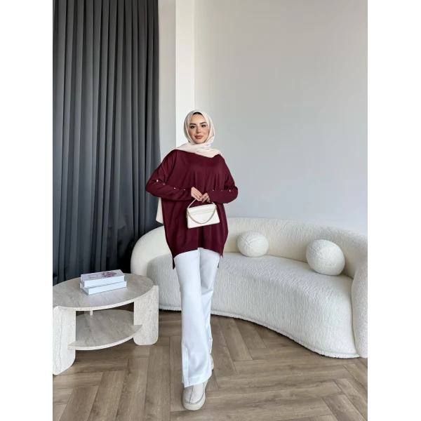 Nesy Kol Gold Düğmeli Triko Kazak - Bordo