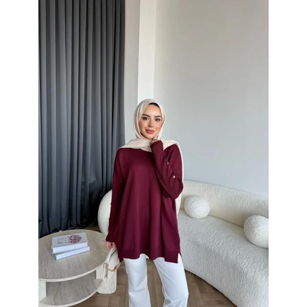 Nesy Kol Gold Düğmeli Triko Kazak - Bordo