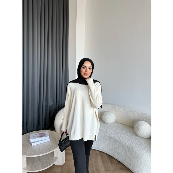 Nesy Kol Gold Düğmeli Triko Kazak - Ekru