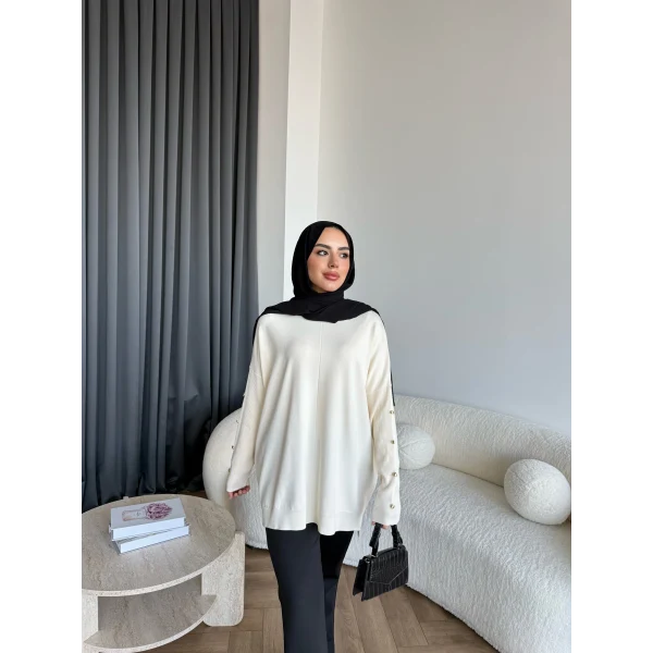 Nesy Kol Gold Düğmeli Triko Kazak - Ekru