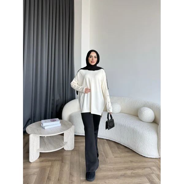 Nesy Kol Gold Düğmeli Triko Kazak - Ekru