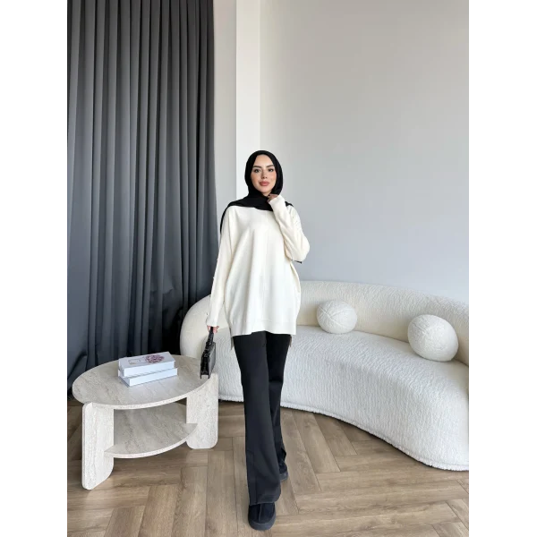 Nesy Kol Gold Düğmeli Triko Kazak - Ekru