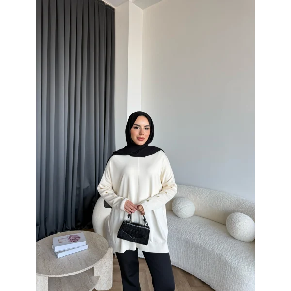 Nesy Kol Gold Düğmeli Triko Kazak - Ekru