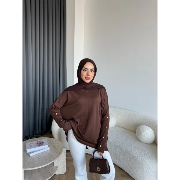 Nesy Kol Gold Düğmeli Triko Kazak - Kahve