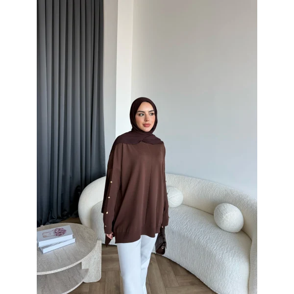 Nesy Kol Gold Düğmeli Triko Kazak - Kahve