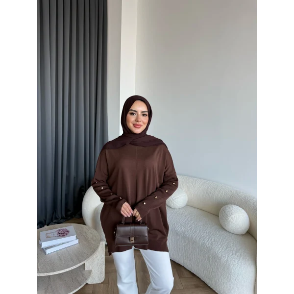 Nesy Kol Gold Düğmeli Triko Kazak - Kahve