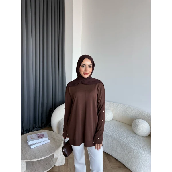 Nesy Kol Gold Düğmeli Triko Kazak - Kahve
