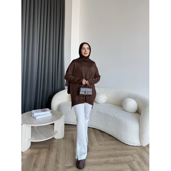 Nesy Kol Gold Düğmeli Triko Kazak - Kahve