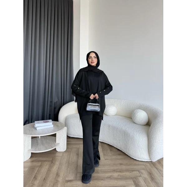 Nesy Kol Gold Düğmeli Triko Kazak - Siyah