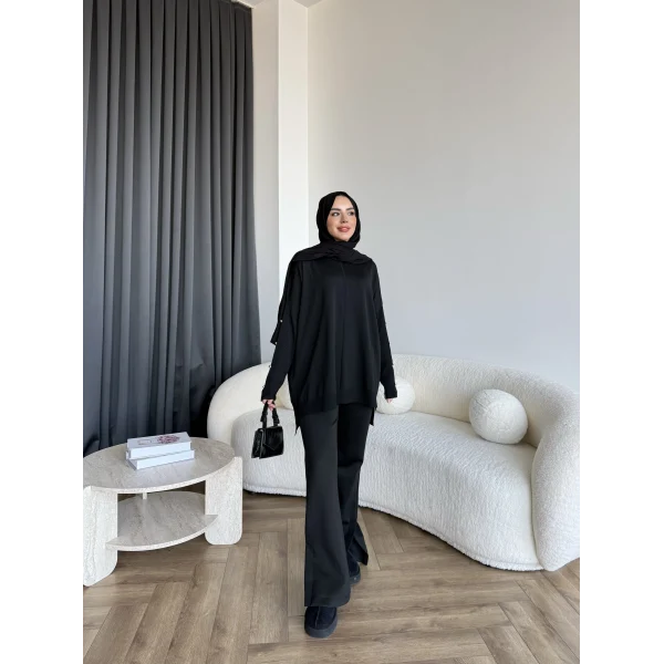 Nesy Kol Gold Düğmeli Triko Kazak - Siyah